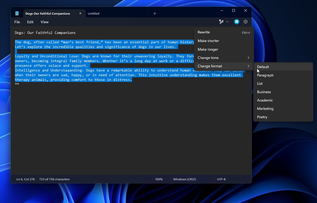 Notepad AI Rewrite change format length