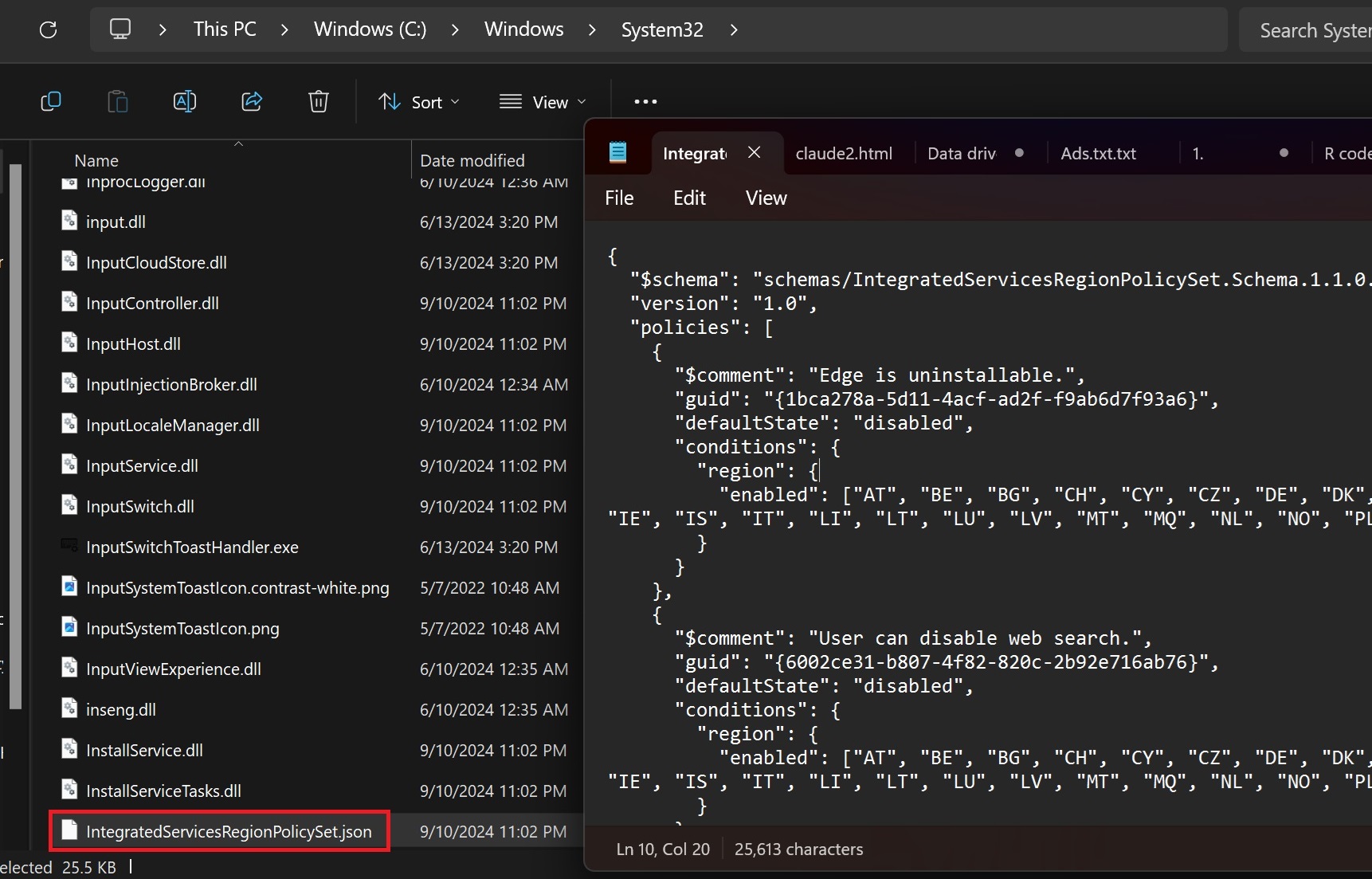 Windows DMA EU privacy json