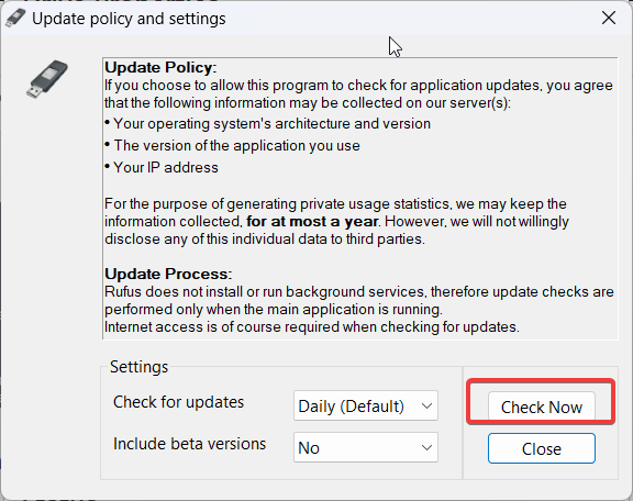 Rufus' Update policy and settings window.