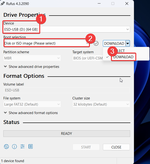 Select Drive Properties, Format Options like ISO boot selection and more in Rufus settings