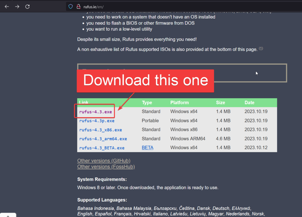 Rufus website to download the setup file