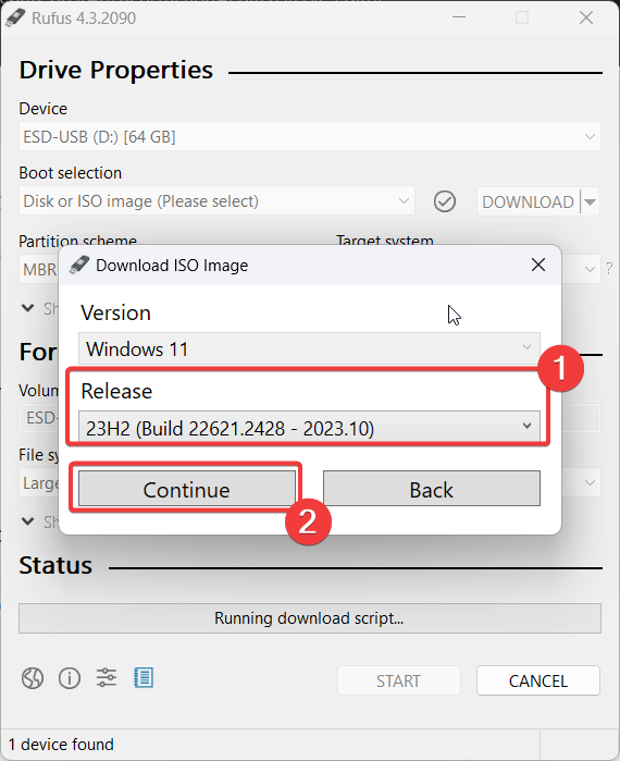 On Download ISO Image pop-up in Rufus, select 23H2 option, and click continue.
